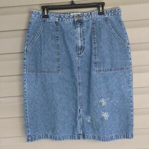 Upcycled Hand Embroidered Denim Skirt Size 16